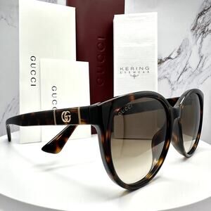 New GUCCI Sunglasses 56mm Brown Tortoise Round Gold Metal Interlocking GG Logo